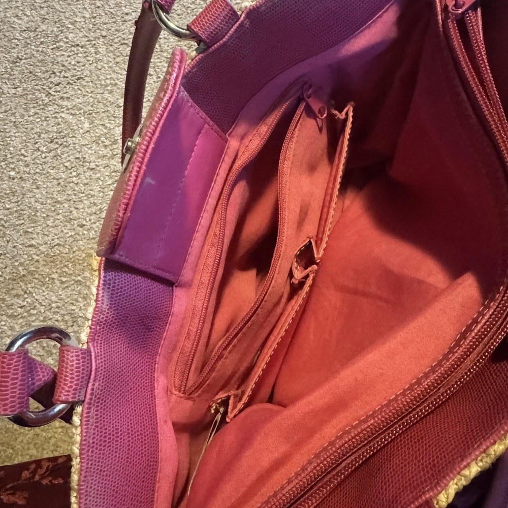 Rosetti Natural & Pink Woven Satchel Top Handle, Zip/Magnetic, Lined - Picture 5 of 7